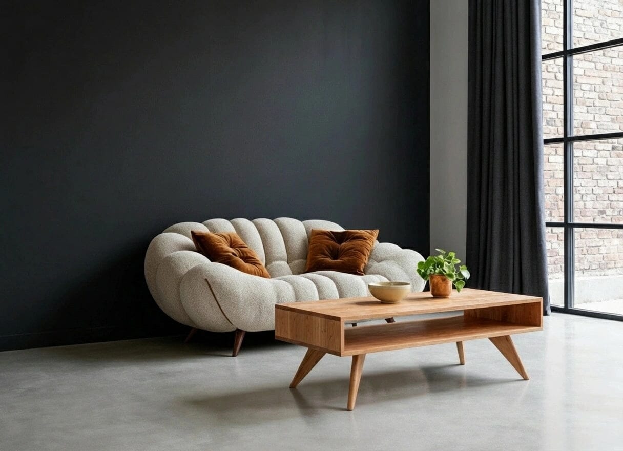 A modern living room with a curved beige sofa, two brown pillows, a TY Fine Furniture Modern Coffee Table - Solid Wood | Columbus OH with a bowl and potted plant, concrete floor, black wall, and large window with black curtains.