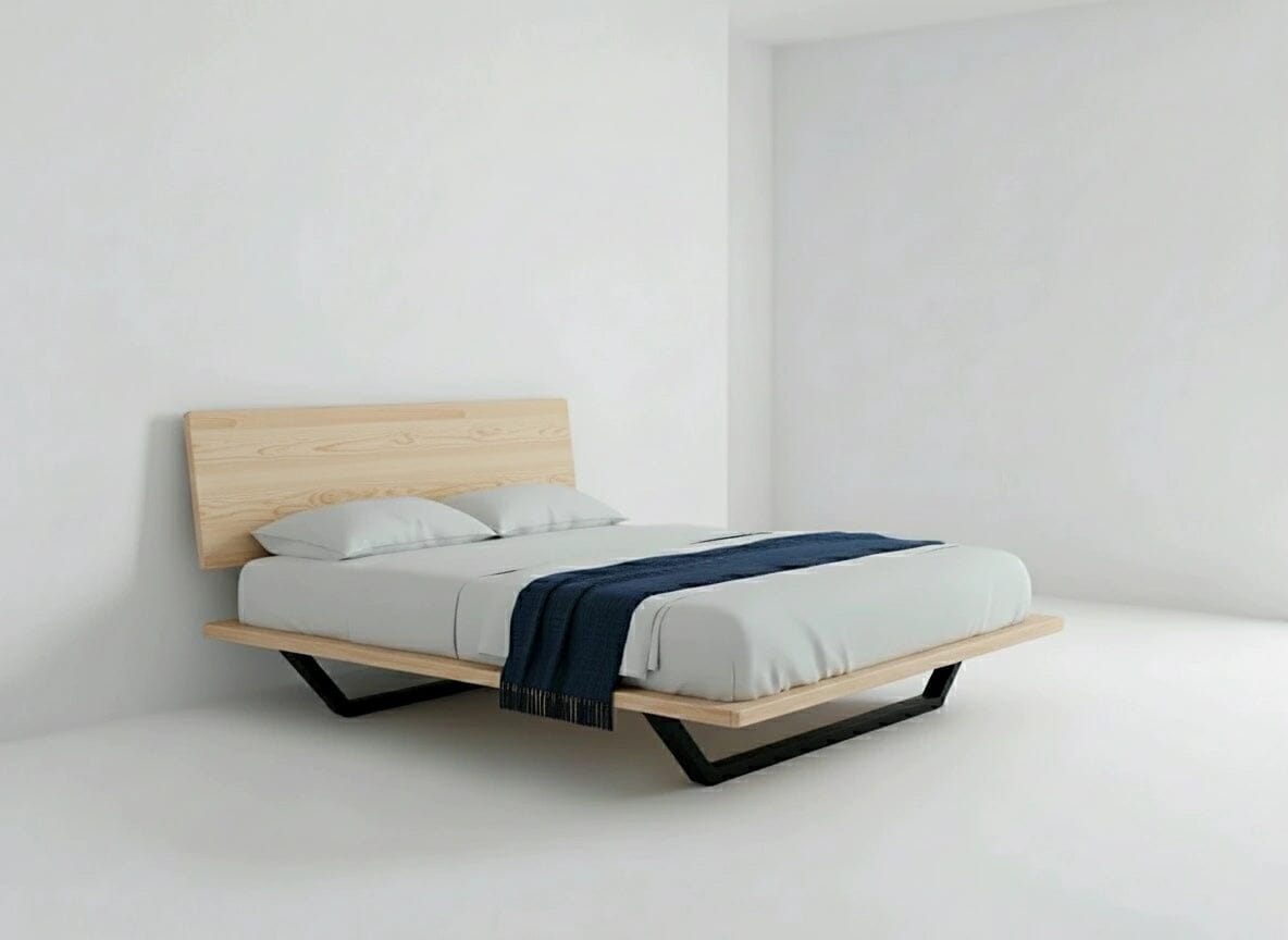 A minimalist bedroom showcases the TY Fine Furniture Nelson Solid Wood Platform Bed Frame in American Hard Maple, dressed in white bedding with two pillows and a dark blue throw, all set against plain white walls and floor.