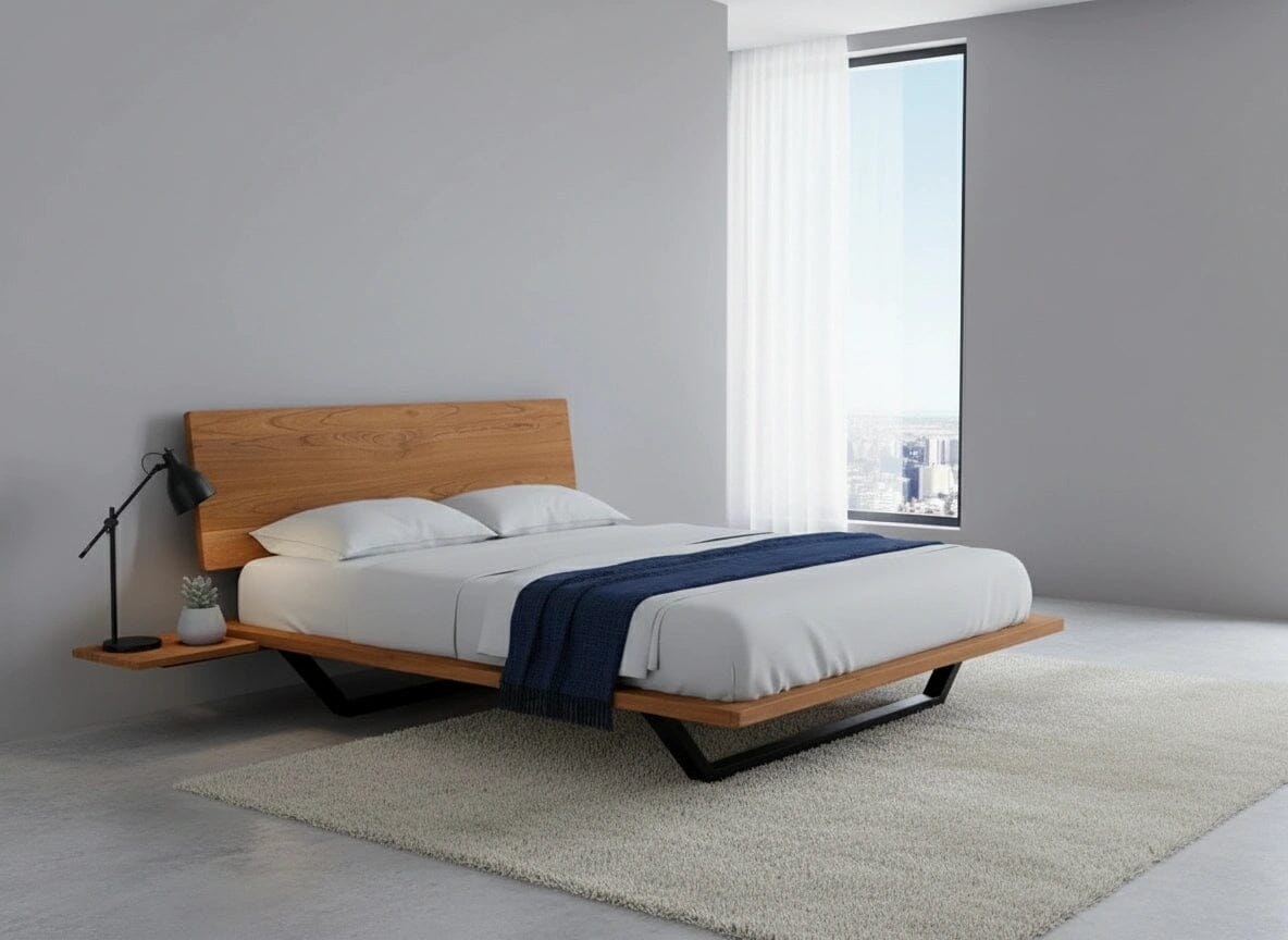 A modern bedroom with the TY Fine Furniture Nelson Solid Wood Platform Bed Frame in cherry, white bedding, a navy throw, black floor lamp, potted plant on a floating nightstand, large window, and light beige rug on a gray floor.