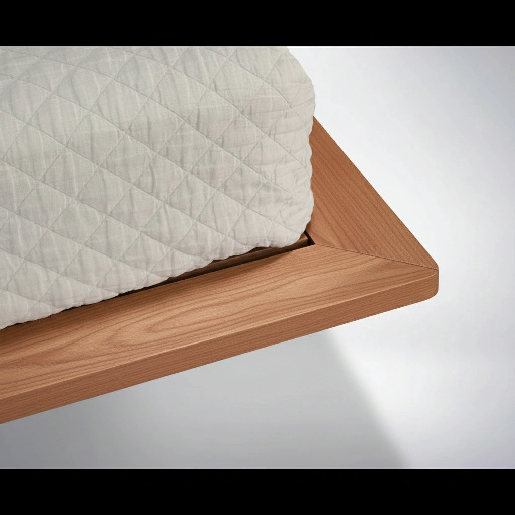 A close-up of the Atomic Platform Bed - Solid Wood Cherry by TY Fine Furniture, showcasing its handcrafted corner with a neatly covered mattress in a quilted white blanket against a plain background.