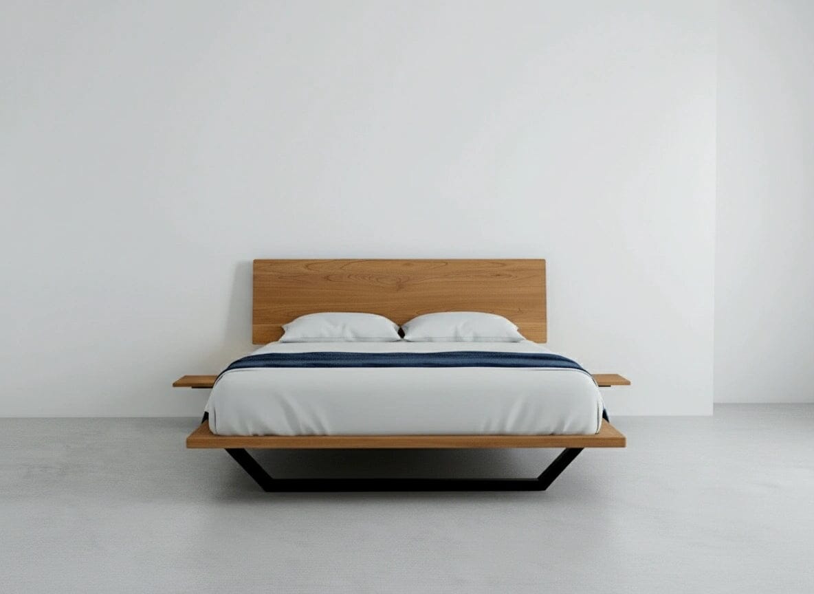 The TY Fine Furniture Nelson Solid Wood Platform Bed Frame in Cherry, handmade in the USA, features a minimalist design with a headboard, white bedding, two pillows, and a dark-striped blanket against a plain white background.