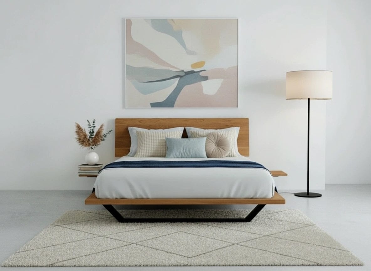 A modern bedroom showcases the TY Fine Furniture Nelson Solid Wood Platform Bed Frame in cherry with neutral bedding and a blue throw. A floor lamp stands to the right, abstract art is above, and a white vase with dried flowers rests on the nightstand.