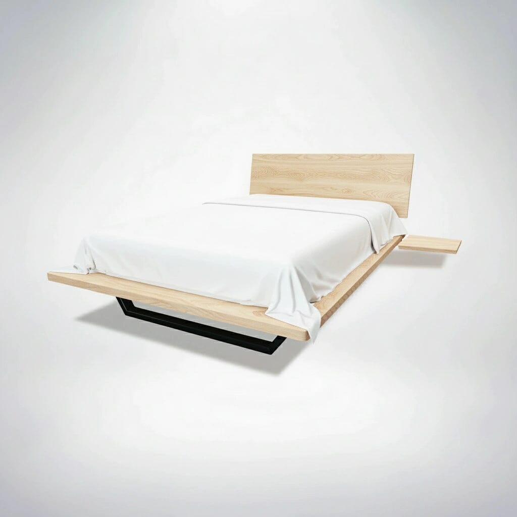 The TY Fine Furniture Nelson Solid Wood Platform Bed Frame in American Hard Maple features a minimalist headboard, floating side table, white bedding, and a black geometric base, all set against a crisp white background.