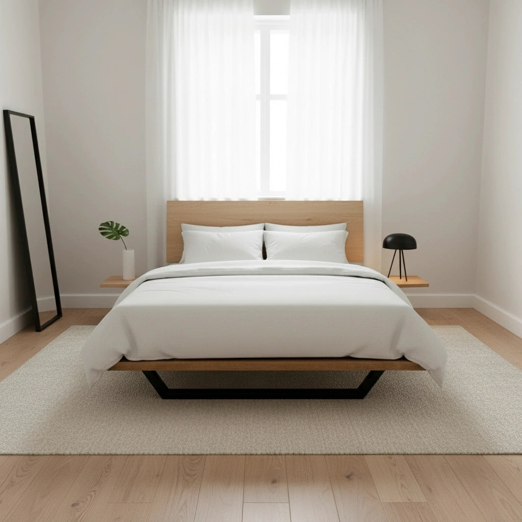 Minimalist bedroom featuring the TY Fine Furniture Nelson Solid Oak Platform Bed Frame in American Hard Maple, white bedding, a floating nightstand with a black lamp, potted plant, floor mirror, light wood floor, and sheer white curtains.