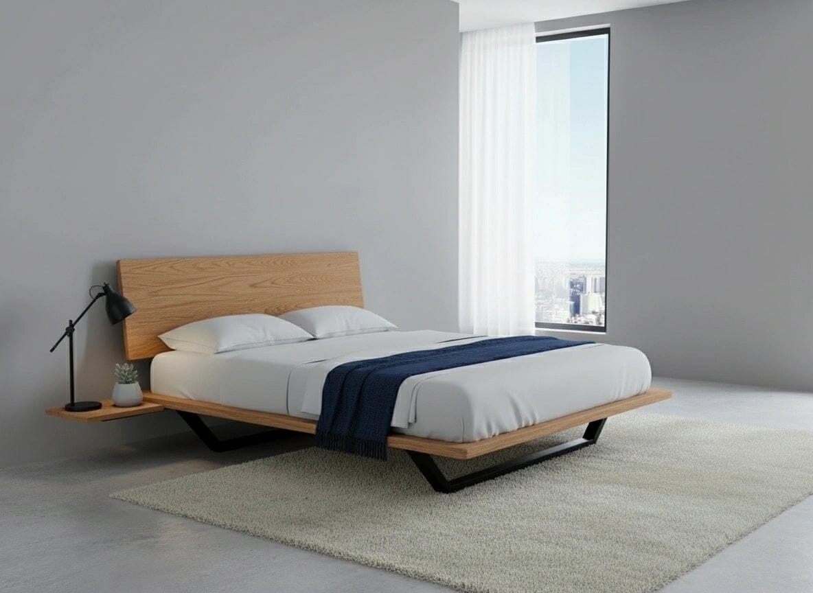 A modern minimalist bedroom featuring the Nelson Solid Wood Platform Bed Frame by TY Fine Furniture in American White Oak, white bedding, a dark blue throw, small plant and lamp on a floating bedside shelf, large window with sheer curtains, and light floor rug.