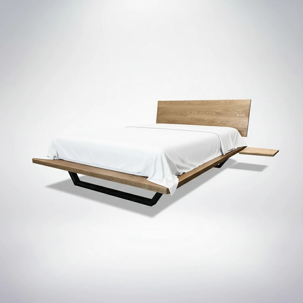The Nelson Solid Wood Platform Bed Frame by TY Fine Furniture features a solid American white oak frame, angled black metal legs, and an extended headboard. The bed, dressed in a white sheet, appears to float above a plain white background.