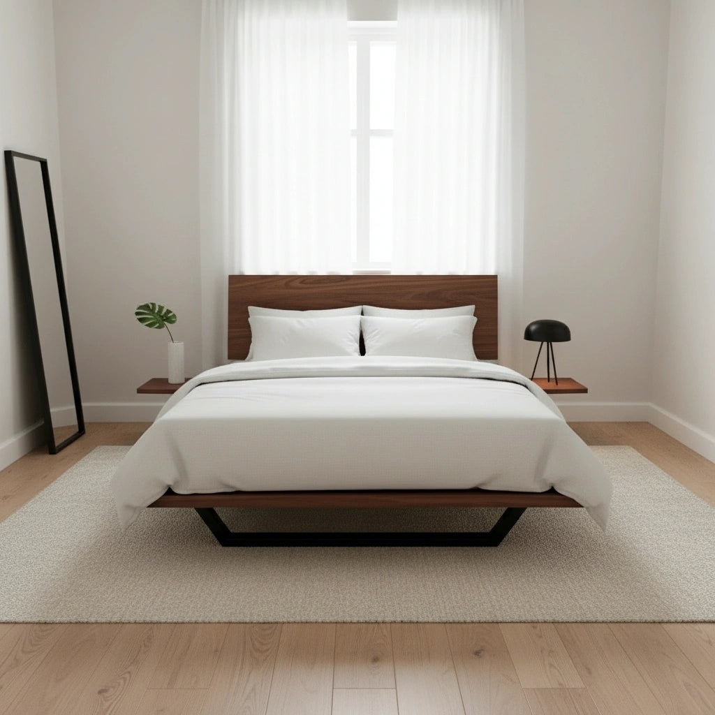 A minimalist bedroom featuring the TY Fine Furniture Nelson Solid Wood Platform Bed Frame in premium walnut, white bedding, light wood floors, a small black lamp, potted plant on a floating nightstand, floor mirror, and sheer-curtained window.