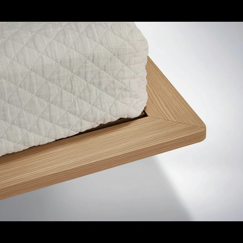 A close-up of the Atomic Platform Bed by TY Fine Furniture shows the smooth, angled corner of its solid white oak frame and a mattress in white quilted fabric, highlighted against a plain, bright background.