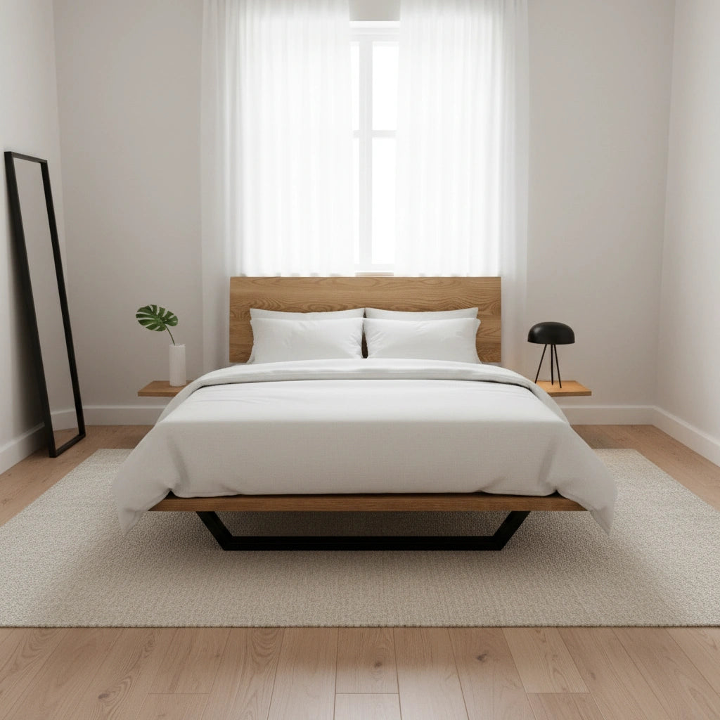 A minimalistic bedroom featuring the Nelson Solid Wood Platform Bed Frame by TY Fine Furniture in American White Oak, white bedding, floating nightstands, a potted plant, black lamp, large floor mirror, sheer curtains, light wood floors, and a beige rug.