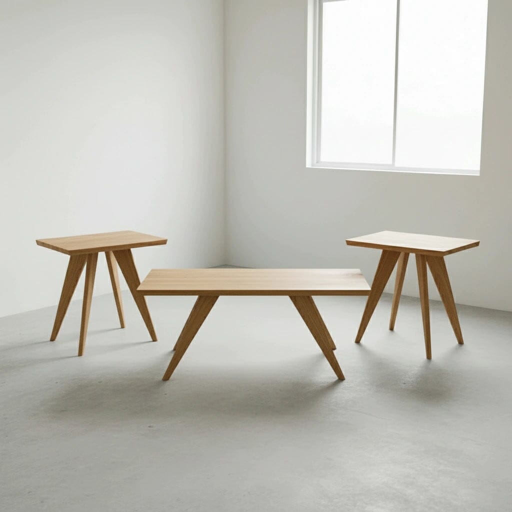 Three Essentials Solid Wood Side Tables by TY Fine Furniture, crafted in white oak with angled legs, are arranged in a bright, minimalist room with white walls and a large window. Their Mid Century Modern design is simple and modern.