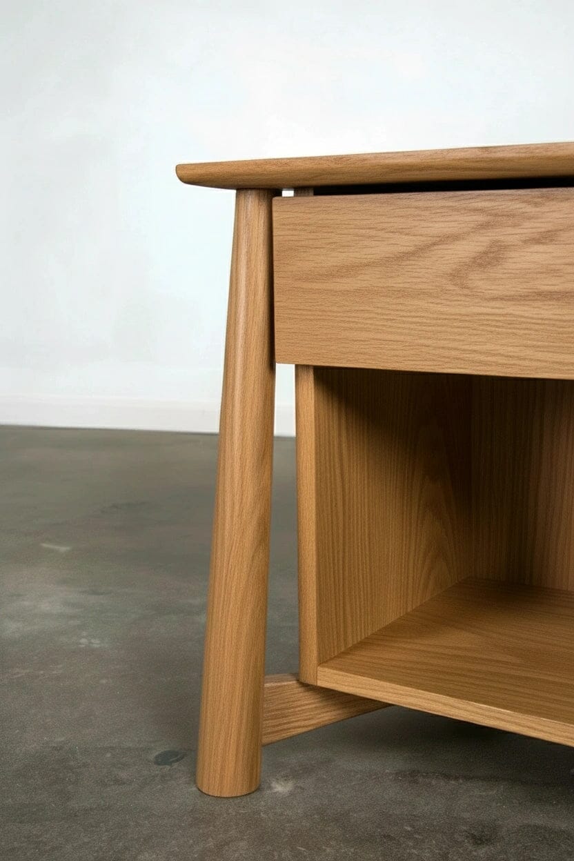 Close-up of the Sunrise Side Table by TY Fine Furniture, handcrafted in white oak with angled legs and an open lower shelf, shown on a smooth concrete floor against a plain white wall.