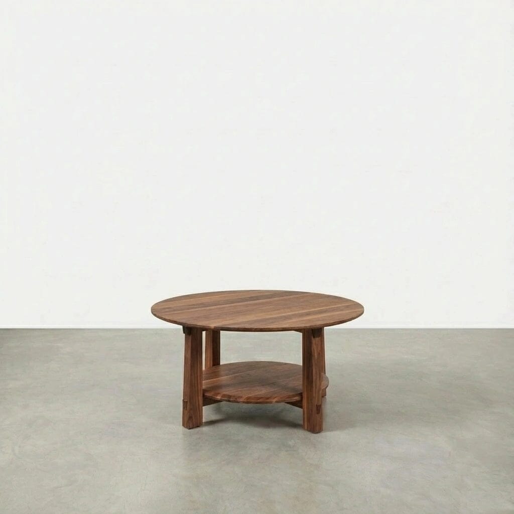 The Enso Round Coffee Table in Walnut by TY Fine Furniture features four legs and a lower shelf. Crafted from solid wood, it looks elegant on a gray concrete floor with a plain white wall. Available in Columbus, OH.