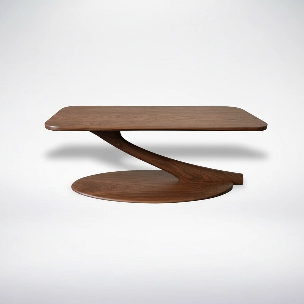 The Cantilever Coffee Table Solid Wood - Walnut by TY Fine Furniture displays handcrafted artistry with its modern walnut rectangular top, unique twisted support, and matching oval base, all against a plain white background.