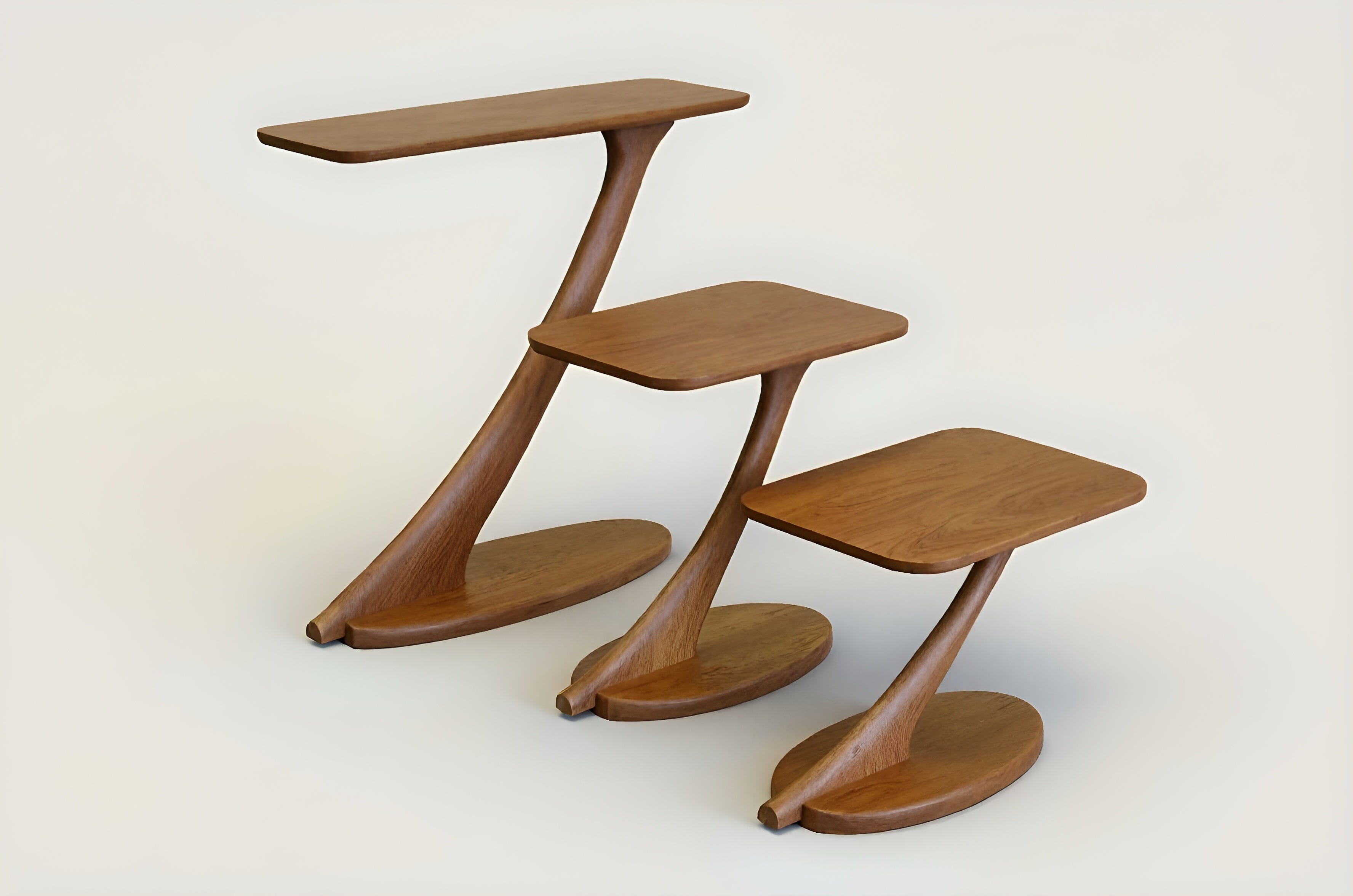 Three modern Cantilever Side Tables in solid cherry wood, handmade by TY Fine Furniture, with curved bases and angled supports, are arranged in descending height against a plain light background.