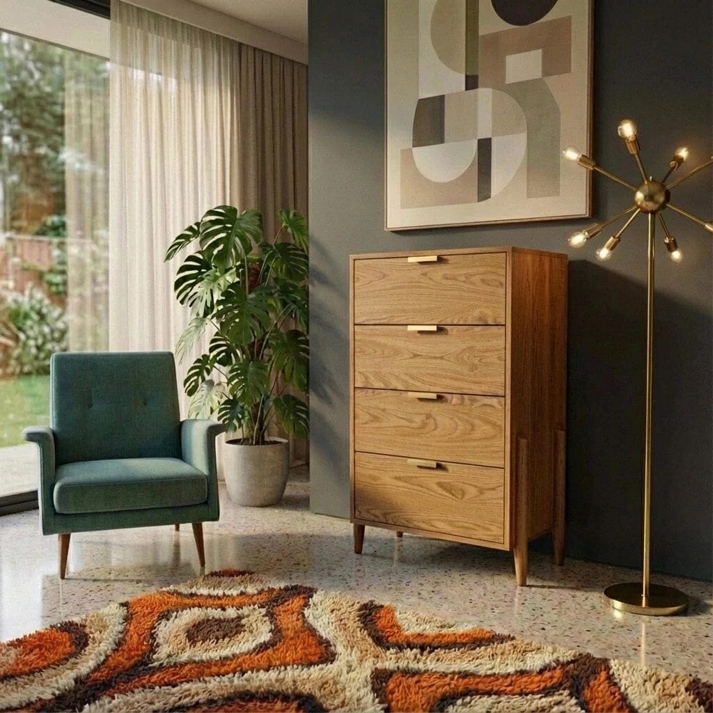 A modern living room with a green armchair, TY Fine Furniture's Apollo Tall Dresser in White Oak, abstract wall art, gold floor lamp, potted plant, and a patterned orange, brown, and beige rug on terrazzo flooring by large curtained windows.