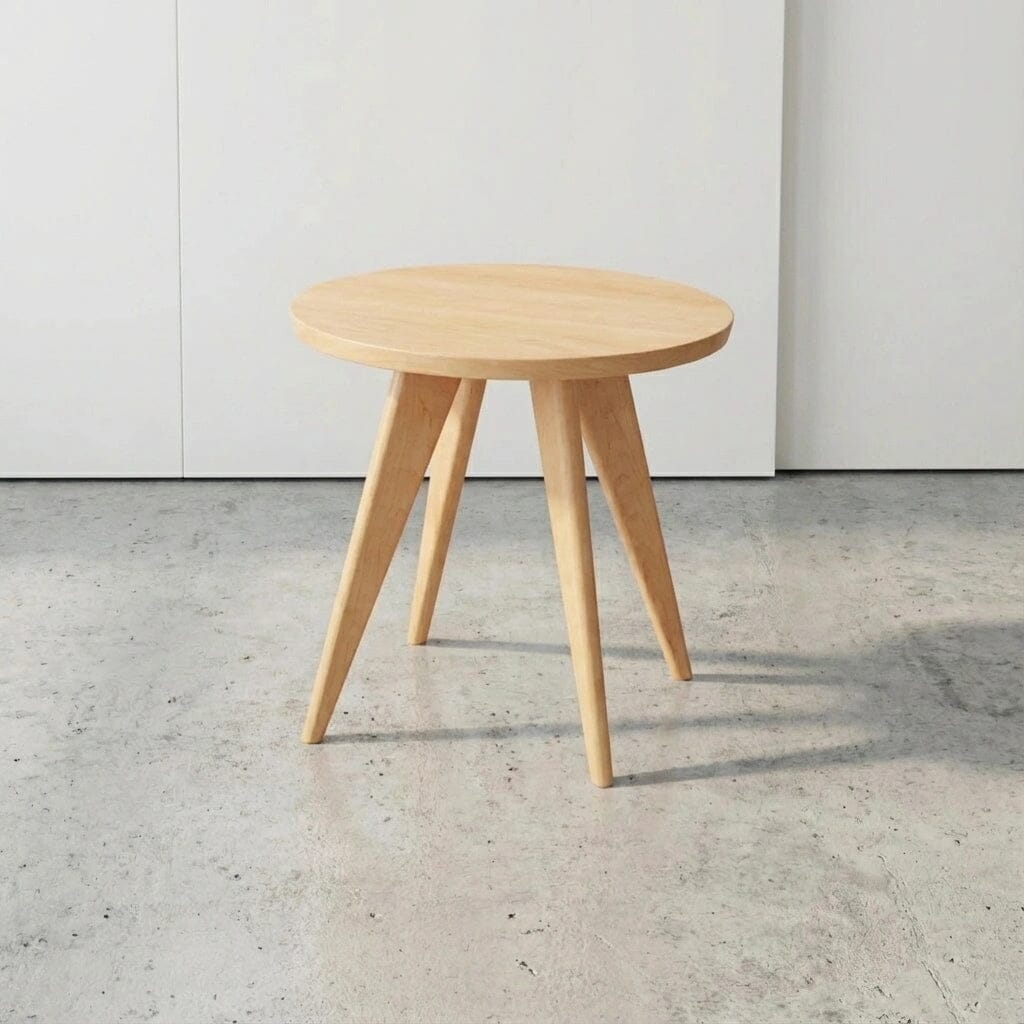 The Essentials Round Side Table in Maple by TY Fine Furniture stands on a concrete floor in front of a plain white wall, showcasing its solid wood construction and Mid-Century Modern design with three angled legs.