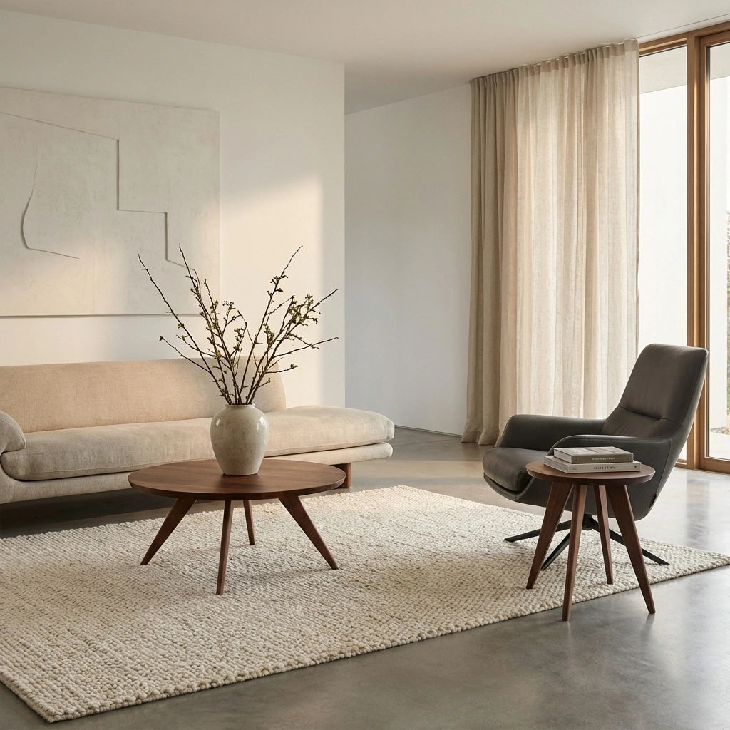 A modern living room features a beige sofa, a round wood coffee table with a vase of branches, dark armchair, the TY Fine Furniture Essentials Solid Wood Round Side Table in walnut holding books, neutral artwork, sheer curtains, and large windows with natural light.