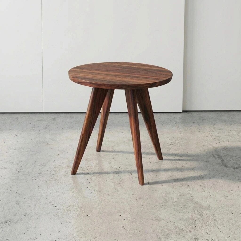 The Modern Essentials Round Side Table by TY Fine Furniture features a solid walnut build and three angled legs, standing on a light gray concrete floor before a plain white wall—a refined touch of mid-century modern style from Columbus, OH.
