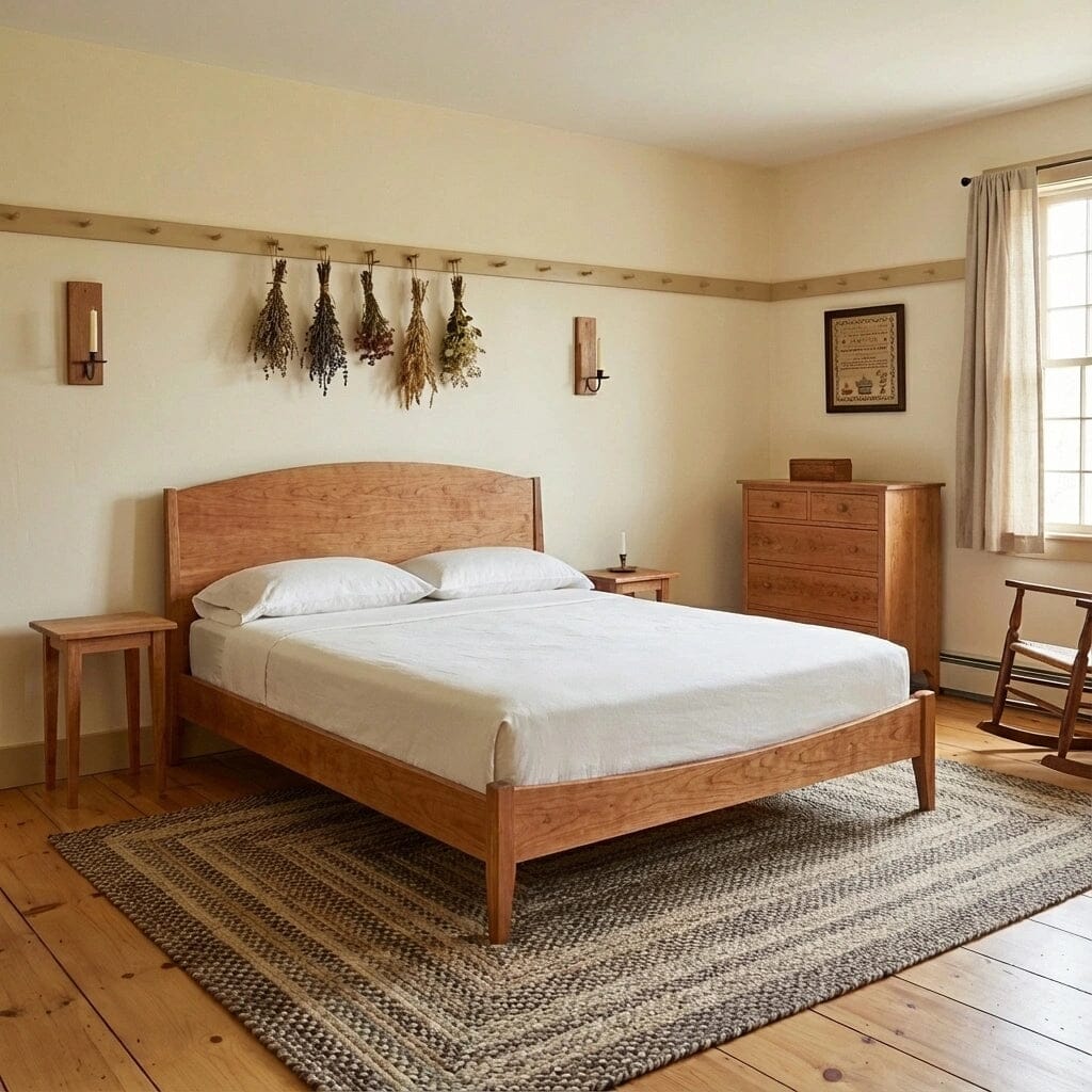 A cozy bedroom with light wood furniture, including a bed, dresser, and TY Fine Furniture's Shaker Side Table & Nightstand - Solid Wood. Dried herbs hang above the bed, a braided rug is on the floor, and sunlight filters through beige curtains.
