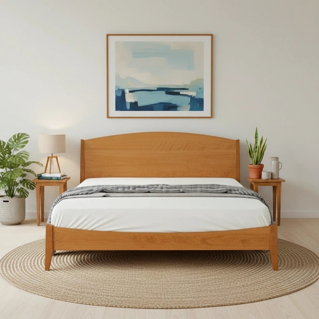 A modern bedroom with a wooden bed, white bedding, two TY Fine Furniture Shaker Side Tables in cherry as nightstands with lamps and plants, a round woven rug, and an abstract blue painting above the bed.