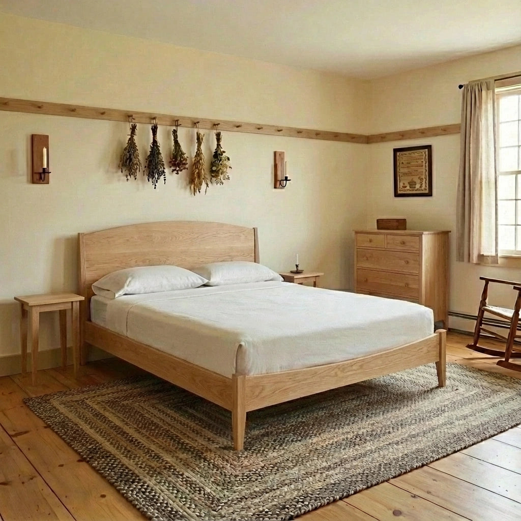 A minimalist bedroom with light wood furniture, including the T.Y. Fine Furniture Shaker Platform Bed in white oak, matching bedside tables, a dresser, and rocking chair. Dried herbs hang above the bed and a woven rug covers the wooden floor as sunlight streams in.