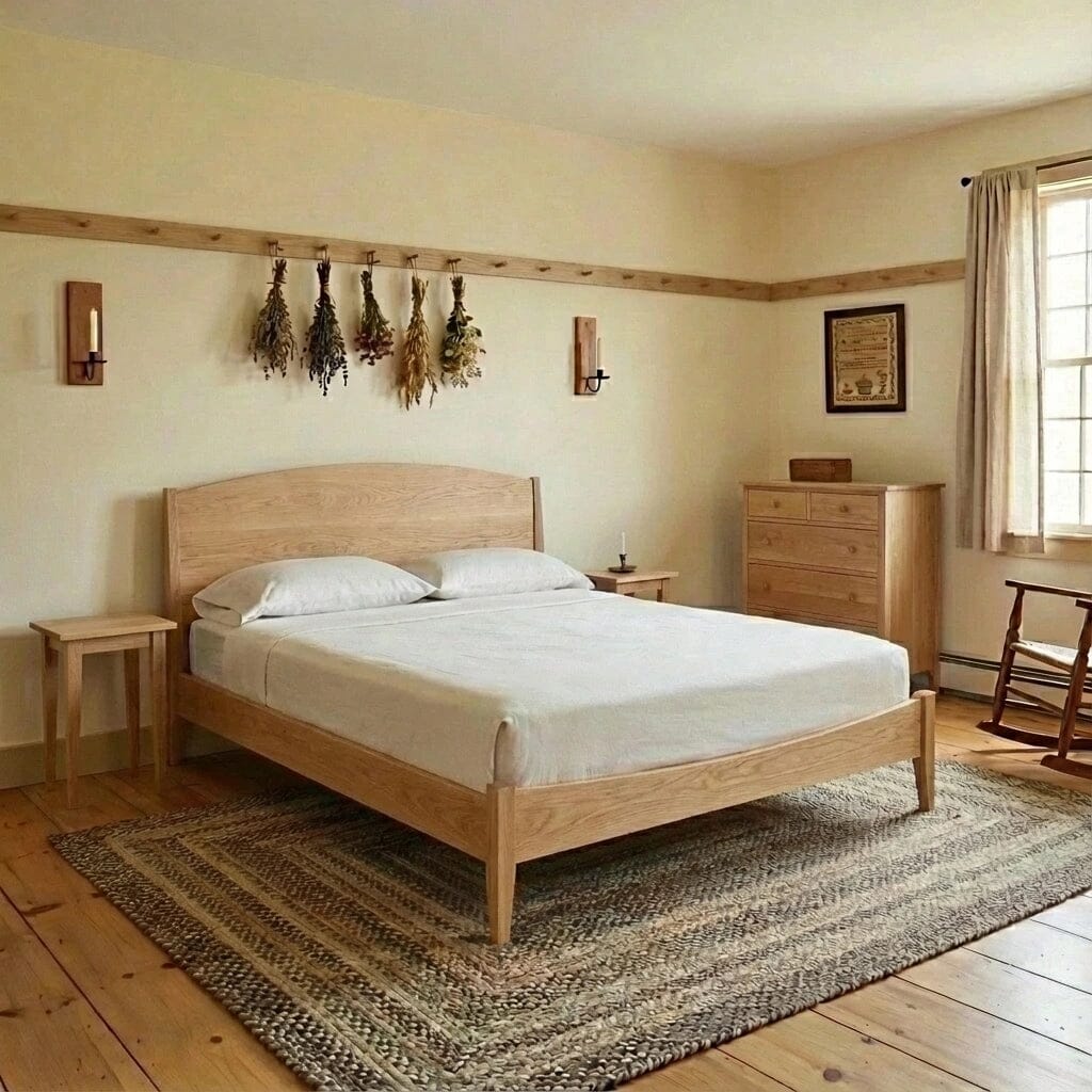 A minimalist bedroom with light wood furniture, including the T.Y. Fine Furniture Shaker Platform Bed in white oak, matching bedside tables, a dresser, and rocking chair. Dried herbs hang above the bed and a woven rug covers the wooden floor as sunlight streams in.