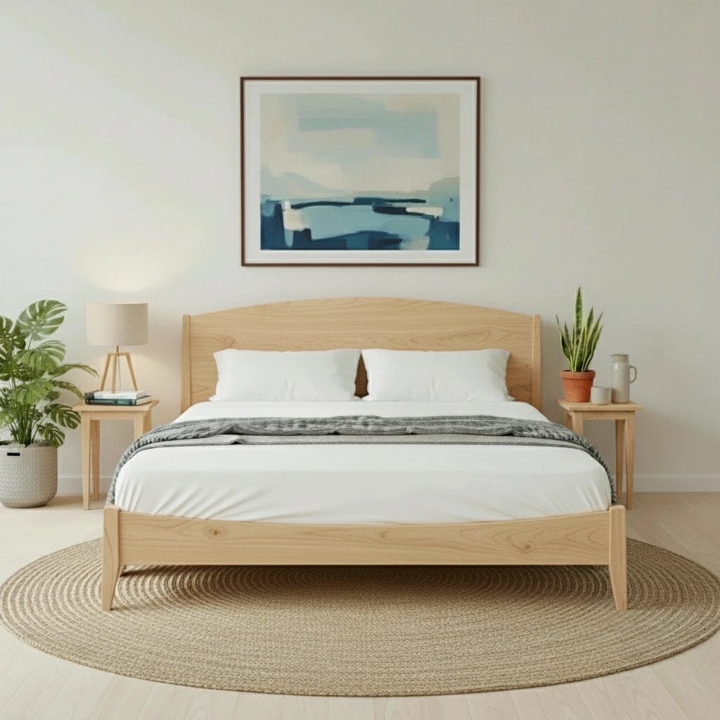 A modern bedroom featuring the T.Y. Fine Furniture Shaker Platform Bed in Maple, white bedding, two pillows, a gray blanket, bedside tables with plants and a lamp, a round woven rug, and abstract art above the bed.