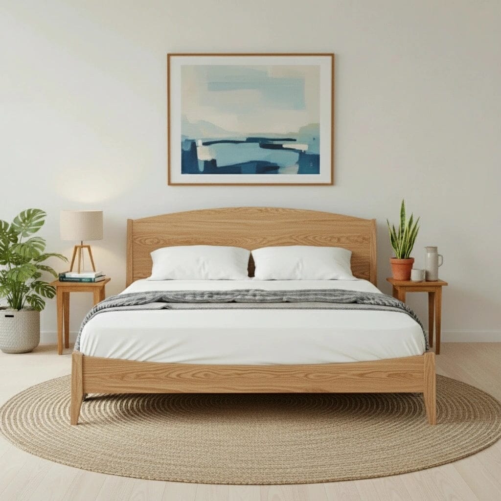 A modern bedroom with a T.Y. Fine Furniture Shaker Platform Bed in White Oak—Solid Wood, white bedding, two bedside tables with lamps, plants, a round beige rug, and a blue abstract painting above the bed.