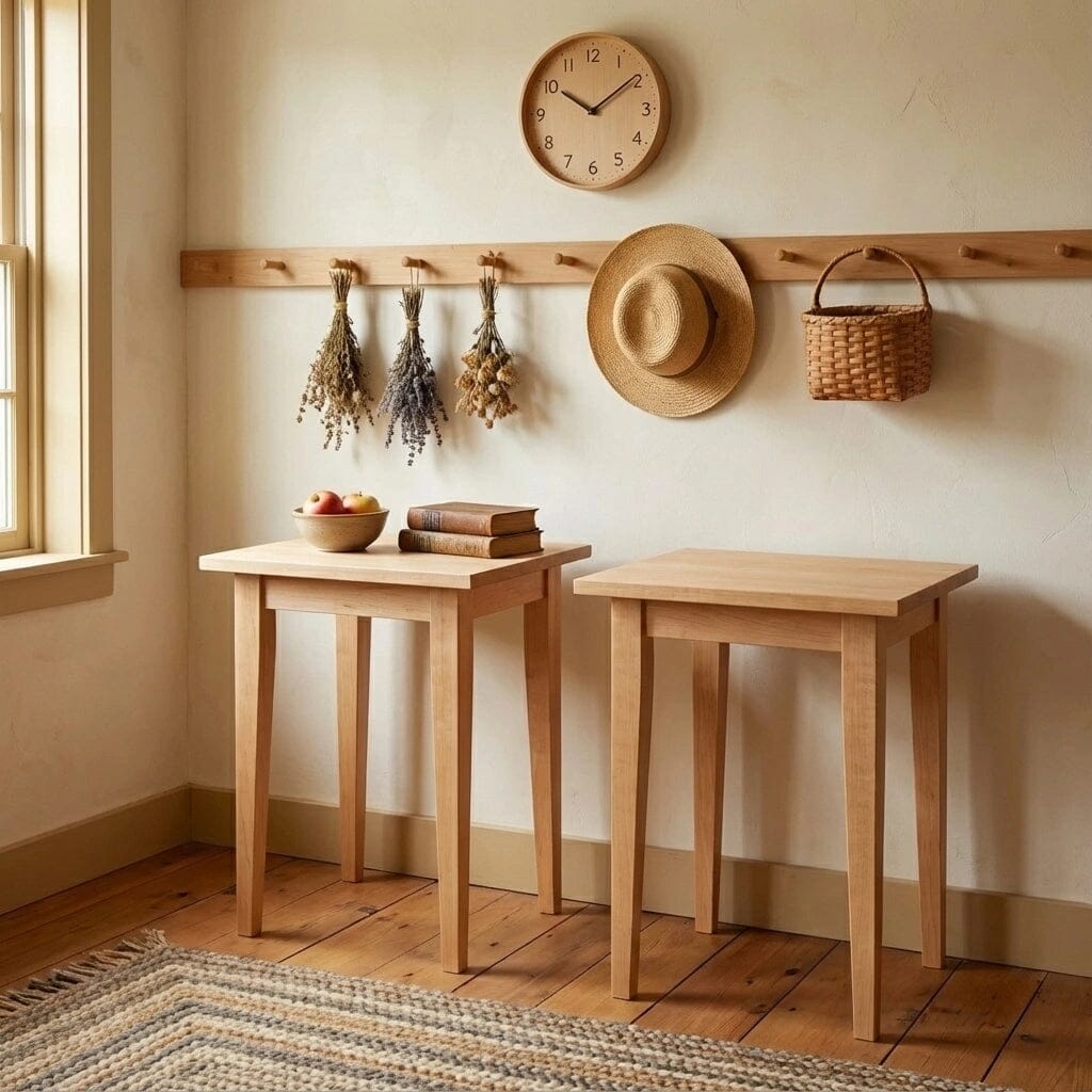 Two TY Fine Furniture Shaker Side Tables in solid maple stand side by side in a cozy room, one holding books and a fruit bowl. Above, dried herbs, a hat, and basket hang from a wooden rack beside a clock and window for rustic charm.