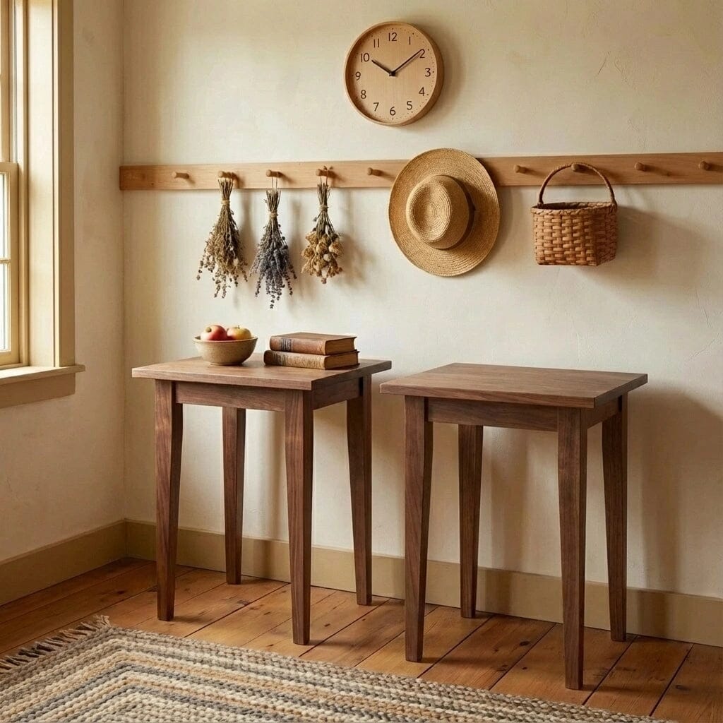 A cozy room features TY Fine Furniture’s Shaker Side Table in solid walnut, paired with another wooden table, books, fruit bowl, woven hat, basket, and dried herbs. A clock and window complete the inviting rustic look.