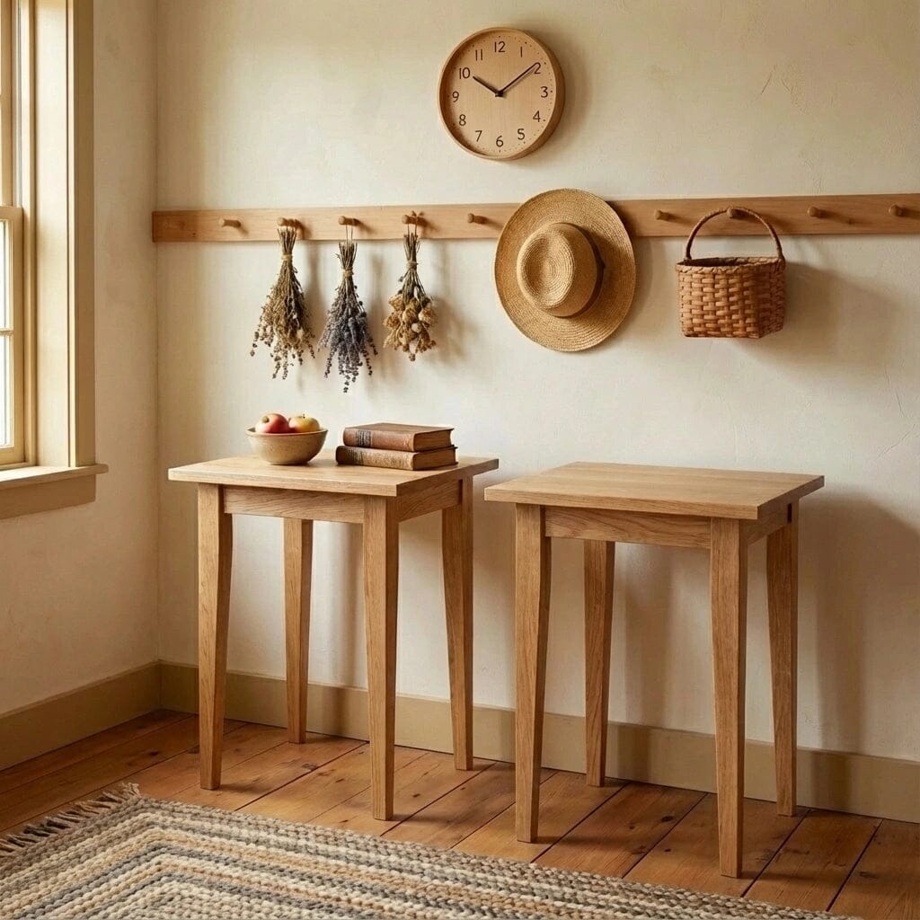 Two TY Fine Furniture Shaker Side Tables in white oak stand side by side in a cozy room with a rug, fruit bowl, and books. Above them, pegs hold a hat, basket, and dried herbs under a clock near the sunlit window.