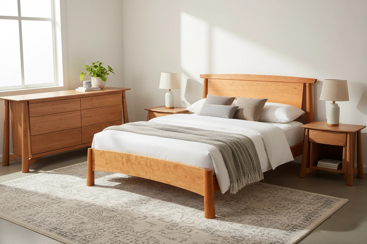 The Sunrise Dresser, Platform Bed, and Side Tables in Cherry in a bedroom. All wood furniture made in USA, using natural solid wood.