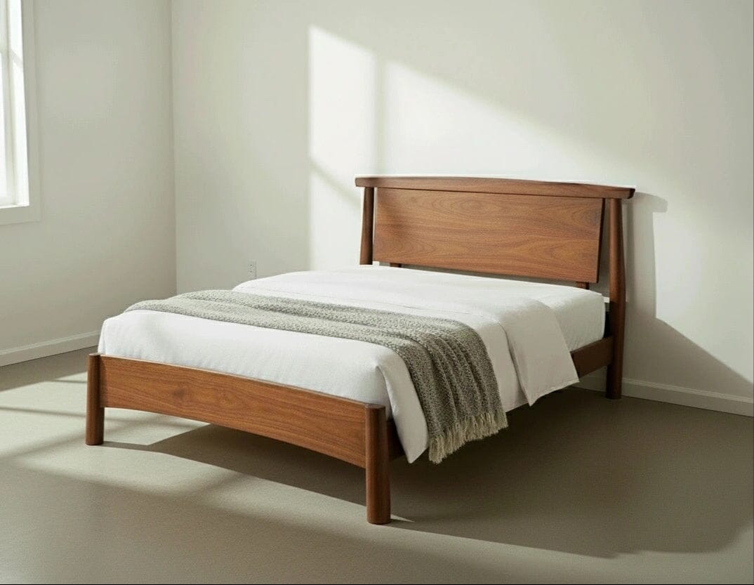 The Sunrise Platform Bed - Walnut by TY Fine Furniture, featuring a headboard and white bedding, is showcased in a bright, minimalist room with a textured gray blanket neatly draped across the foot of its solid wood frame.