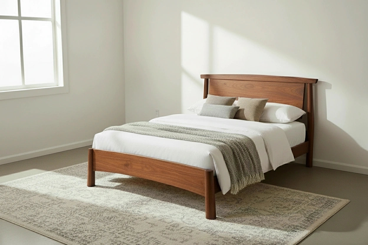 The Sunrise Platform Bed - Walnut by TY Fine Furniture, featuring white bedding, a gray throw, and pillows, is set on a patterned rug in a bright, minimalist bedroom with white walls and a large window.