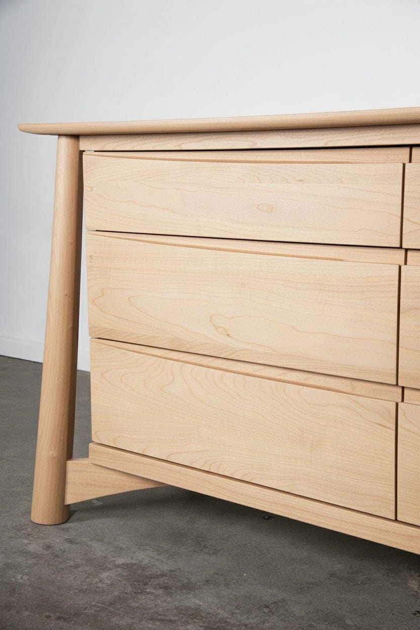 Close up image of Sunrise Dresser, a wooden dresser made of hard maple wood, with six drawers. Made in USA from locally-sourced natural hardwood.