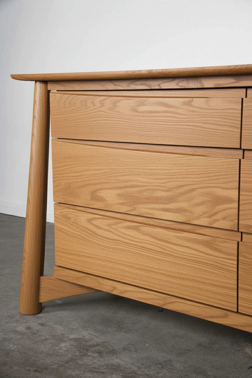 Close up image of Sunrise Dresser in White Oak, a wooden dresser with six drawers. Made in USA using natural solid wood.