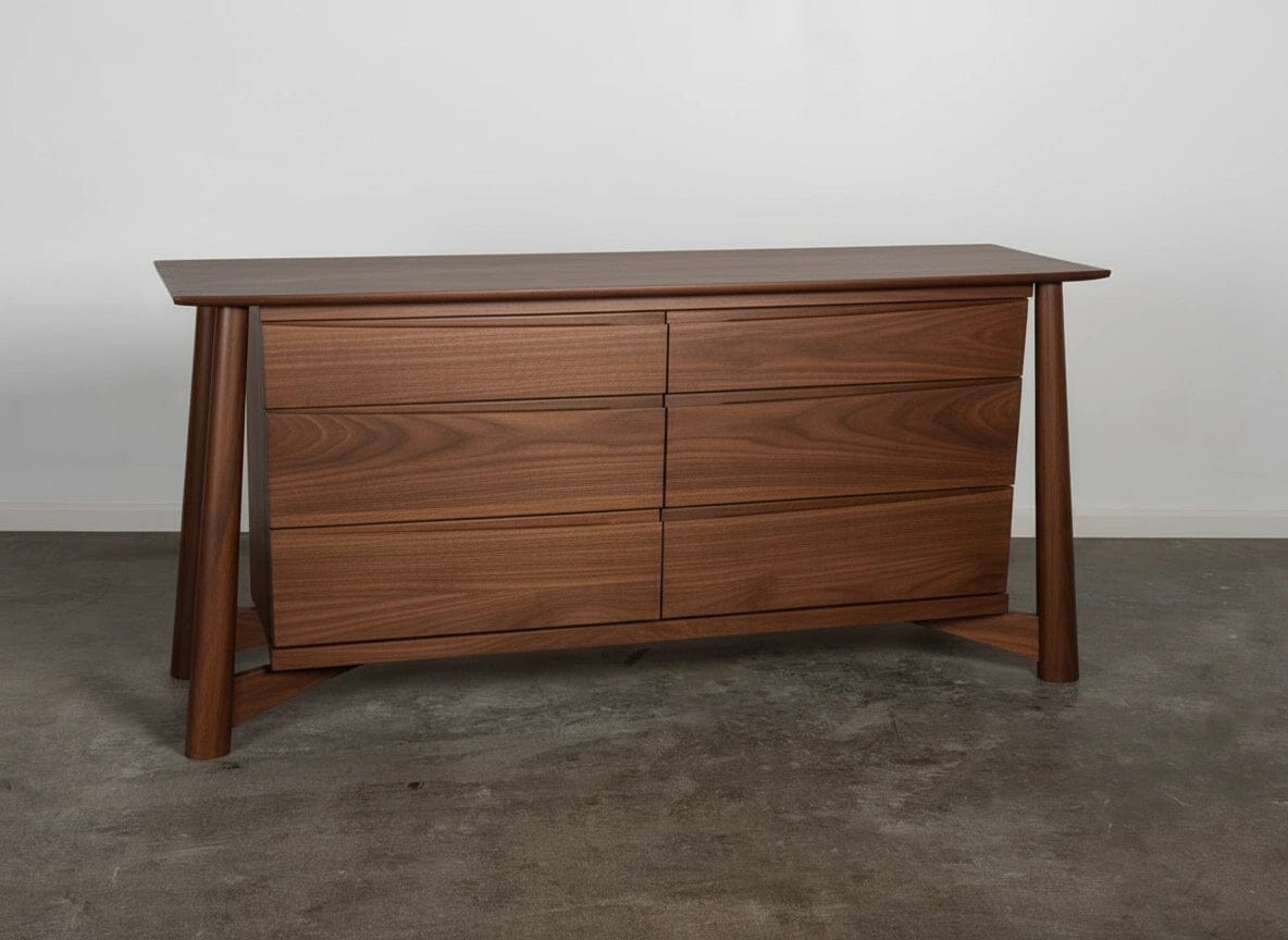 Walnut Sunrise Dresser front view with six soft-close drawers