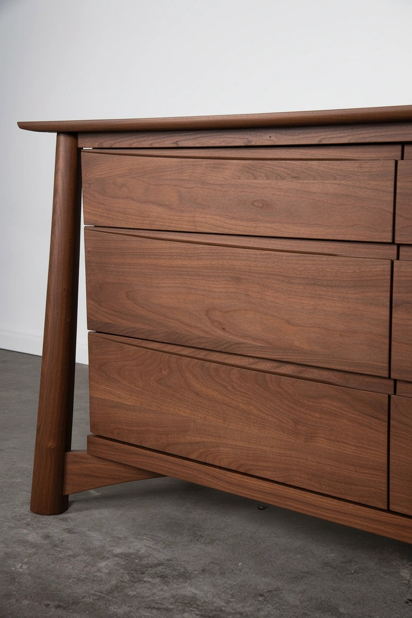 Walnut Dresser up-close, showing the unique details, all handcrafted