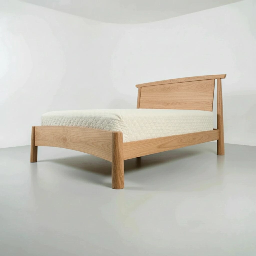 Wooden platform bed frame made of solid white oak with a white mattress on a plain background