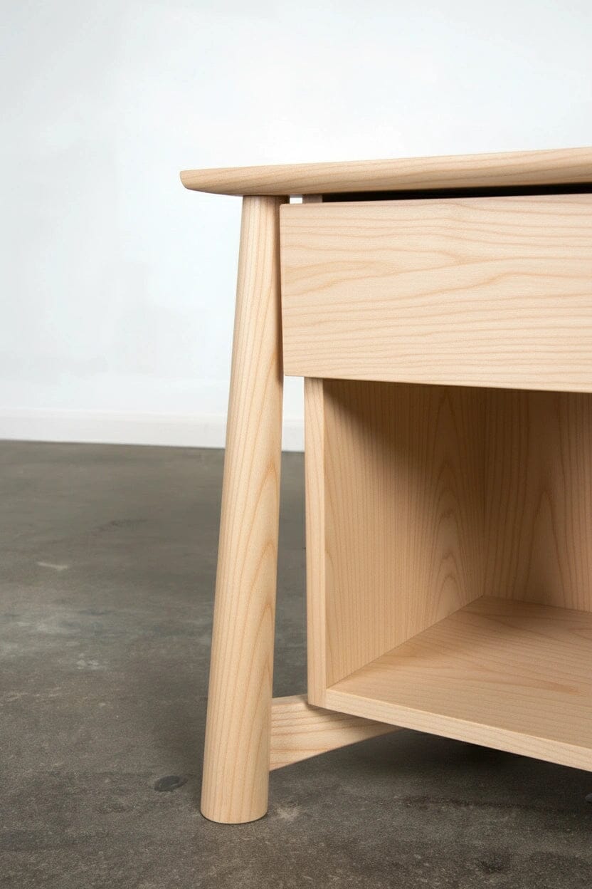 Close-up of the Sunrise Side Table - Maple by TY Fine Furniture, featuring a unique angled leg design in natural solid maple wood, set on a smooth concrete floor against a plain white wall.