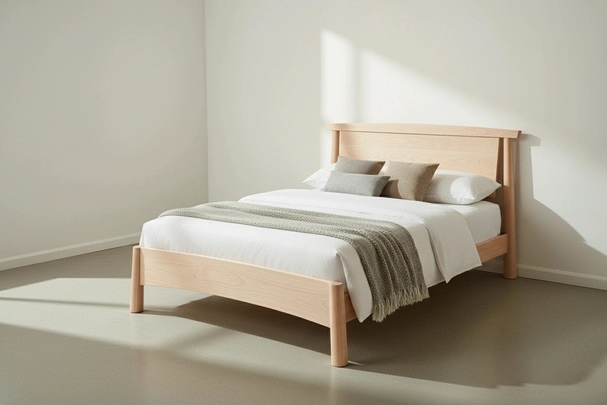 Wooden bed with white bedding and gray blanket in a minimalist bedroom. This is the Sunrise Platform Bed built from hard maple.