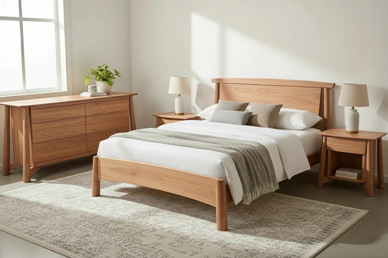 Sunrise Dresser, Platform Bed, and Side Tables in White Oak in a minimalist bedroom. This wood furniture set is made in USA using natural solid wood.