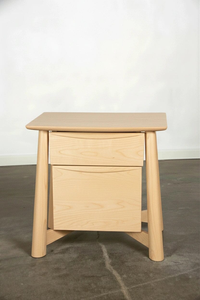 The Sunrise Side Table - Maple by TY Fine Furniture is a modern, Japanese-inspired nightstand with angled legs and a single drawer, crafted from light wood and set on a concrete floor against a plain white wall.