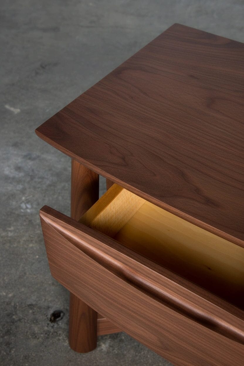 A close-up of the Sunrise Side Table - Walnut by TY Fine Furniture shows its single drawer slightly open, revealing a light interior. The handcrafted modern piece sits on a concrete floor.