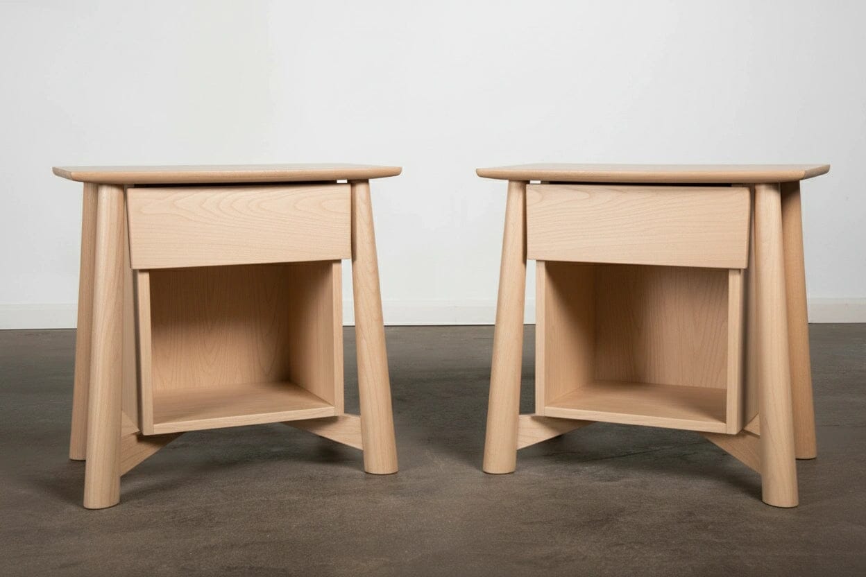 Two Sunrise Side Tables by TY Fine Furniture, handcrafted from solid maple, feature a minimalist Japanese-inspired design with a drawer and open shelf—strikingly elegant on a concrete floor against a plain white wall.
