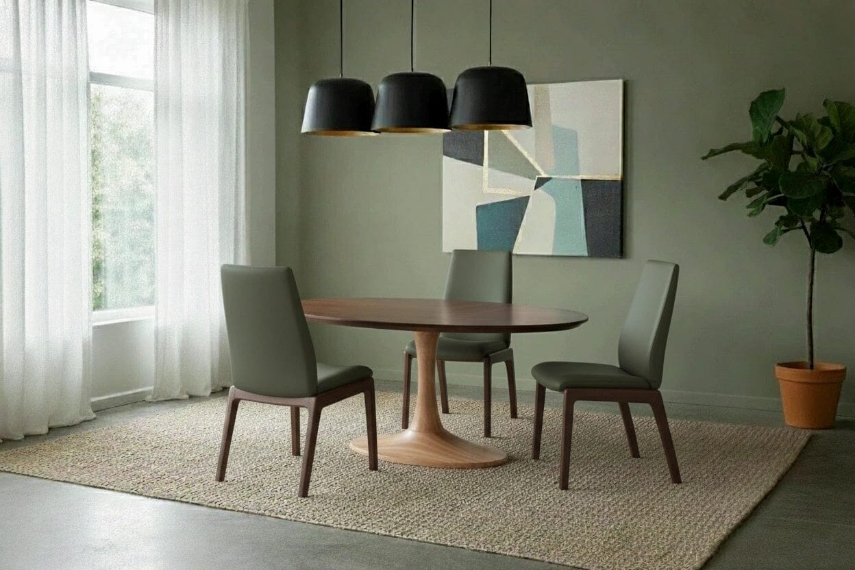A modern dining room featuring the Tulip Solid Wood Table by T.Y. Fine Furniture (Walnut Top, Maple Base), three gray chairs, geometric wall art, three black pendant lights, a potted plant, and large windows with sheer white curtains.