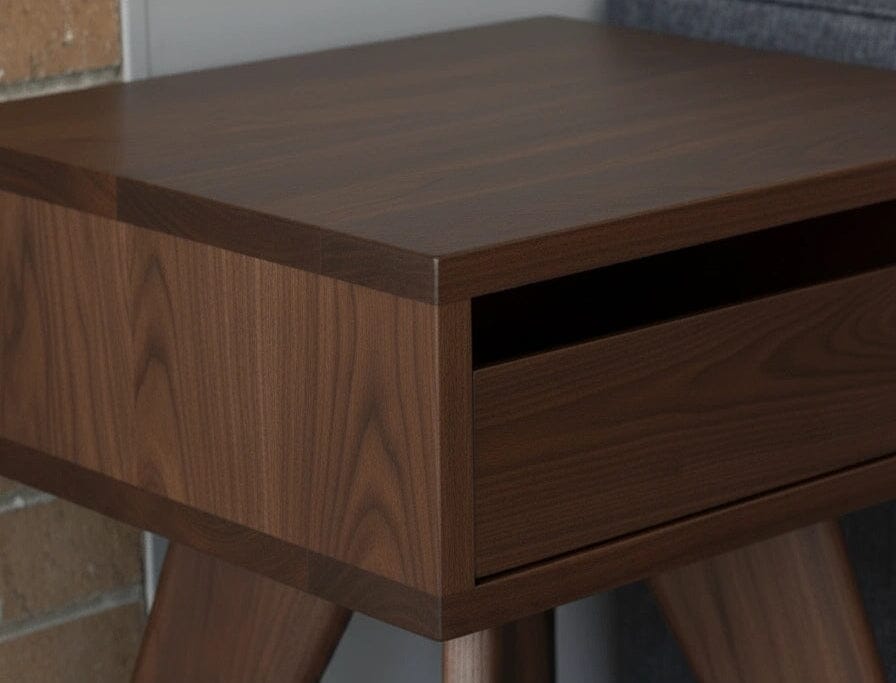 The Modern Apartment Side Table - Walnut by TY Fine Furniture features a smooth finish, angled legs, and an open-slot drawer, shown here beside a brick wall and gray fabric surface.