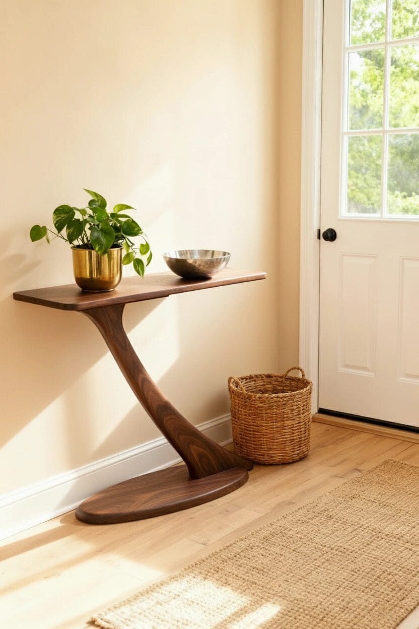 The TY Fine Furniture Cantilever Console Hall Table in walnut stands by a white door, styled with a plant in a gold pot and a silver bowl. A woven basket sits on the light wood floor and beige rug, all illuminated by sunlight through the door window.