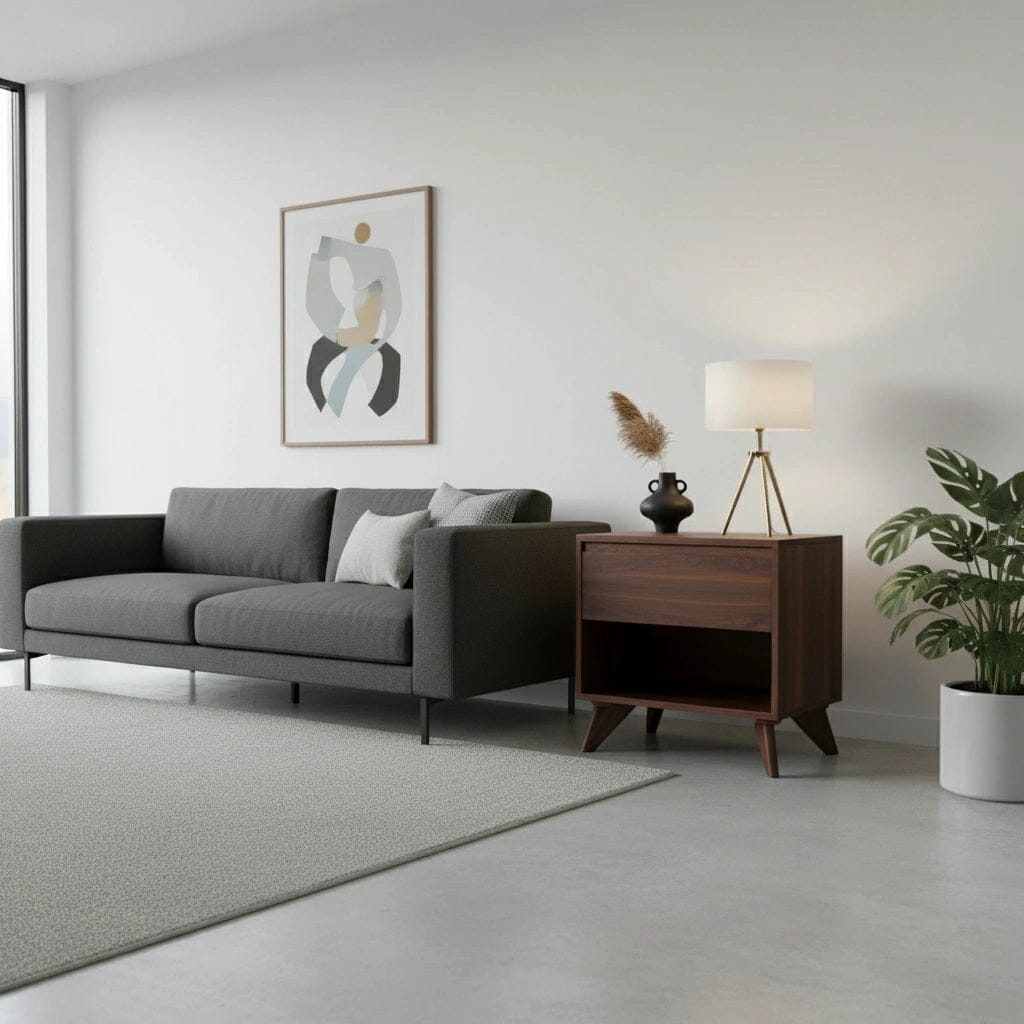 Minimalist living room with a dark gray sofa, abstract art, a TY Fine Furniture Modern Cube Side Table in Walnut (solid wood, Columbus OH), lamp, vase, potted plant, and large window. Handcrafted furniture brings elegance to the space.