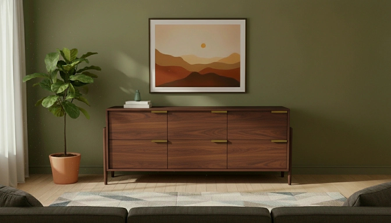 A modern living room features the Apollo Dresser, a handcrafted mid-century modern piece in walnut by TY Fine Furniture, against a green wall with abstract landscape art, a potted plant, patterned rug, gray sofa, and sunlight through white curtains.